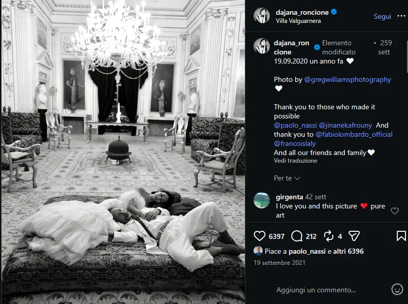 Saved visual preview of Dajana Roncione Instagram wedding post and credits